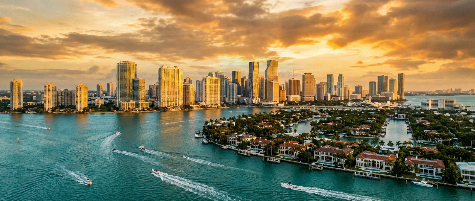 Aerial of Biscayne Bay and the Miami skyline at golden hour